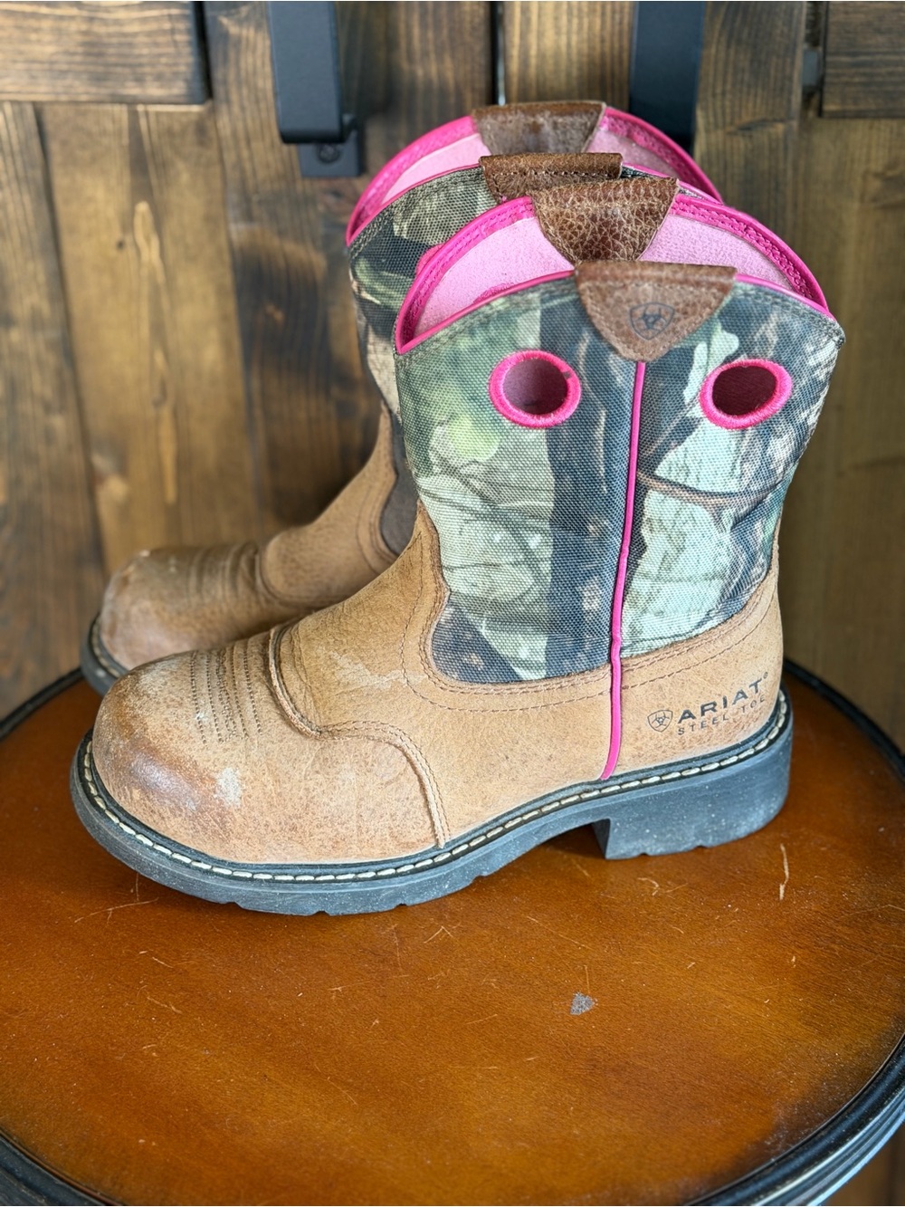 Ariat Brown Camo Boots with Pink Trim